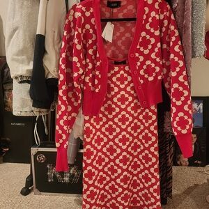 Red and White Floral Cardigan and Dress Set